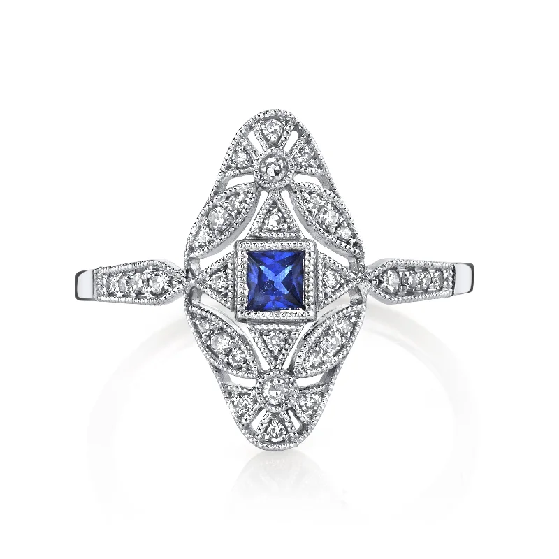 women's ring best seller -14K White Gold 0.20ct. Sapphire & 0.13ct. Diamond Filigree & Milgrain Detailing Fashion Ring