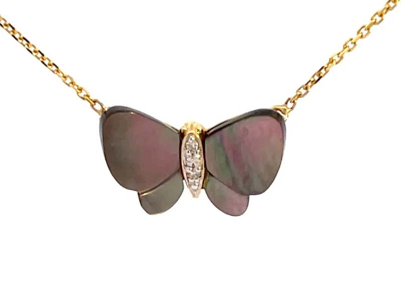 women's necklaces fashion-forward layering -Mother of Pearl Butterfly and Diamond Necklace in 14k Yellow Gold