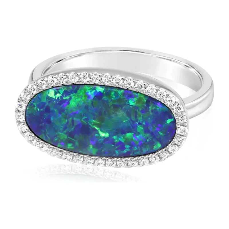 women's ring trendy wide band -14K Gold Freeform Opal Doublet & Diamond Halo Ring