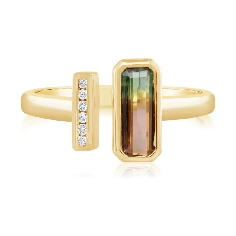 women's ring celestial sun and moon -14K Gold Bezel Watermelon Tourmaline & Diamond Open Tip Ring