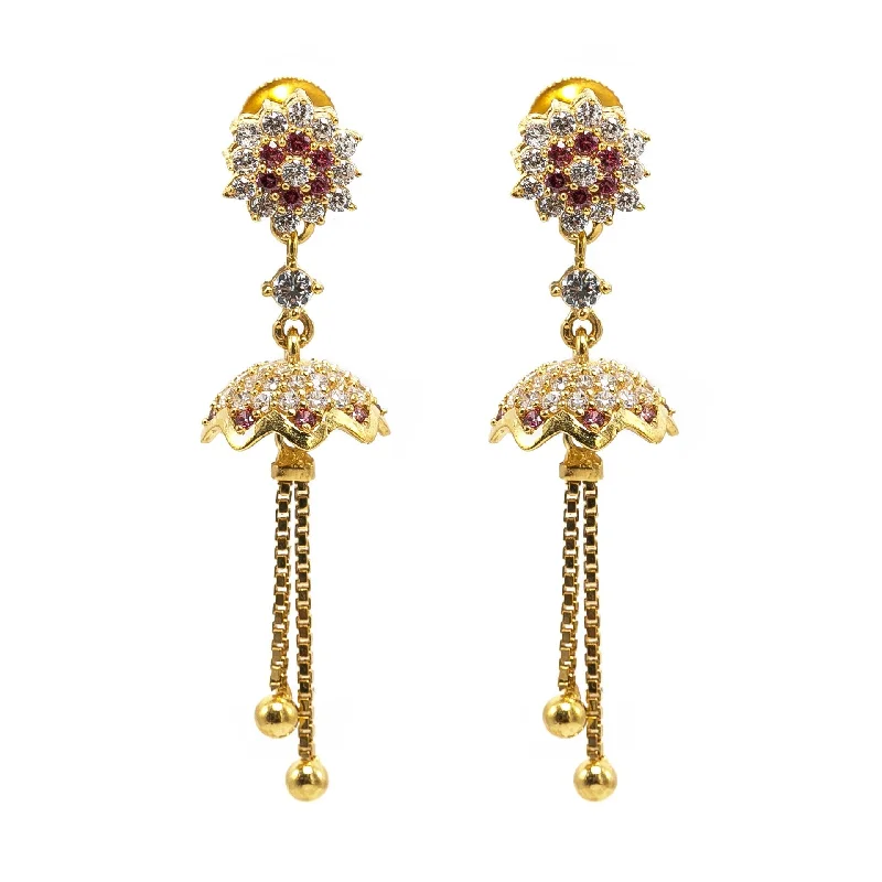 women's earrings zodiac sign -22K Yellow Gold JhumkiDrop Earrings W/ Rubies, CZ Gems, Cluster Flowers & Chain tassels