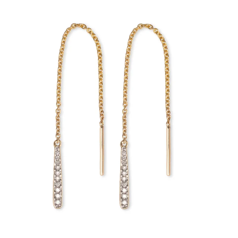 women's earrings luxury diamond cut -Diamond Bar "Threader" Style Earrings, 14K Yellow Gold