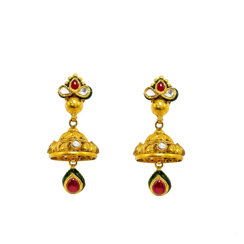 women's earrings huggie hoop -22K Yellow Gold Jhumki Earrings W/ Rubies, Emeralds, Kundan & Artisanal teardrop Accents