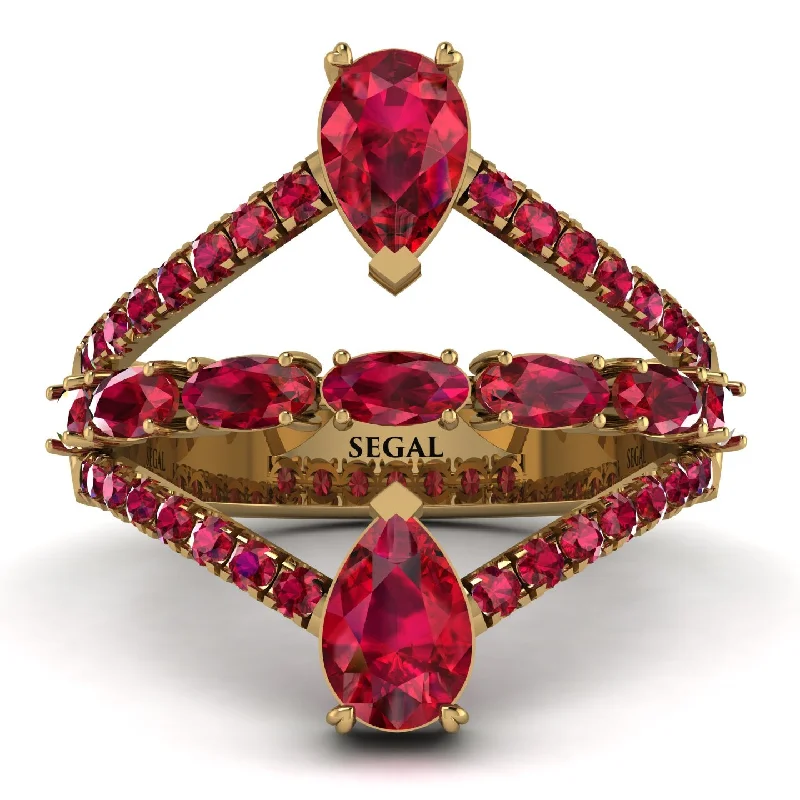 women's ring three-stone setting -Symmetrical Twist Shank Pear Ruby Ring - Eliza No. 55