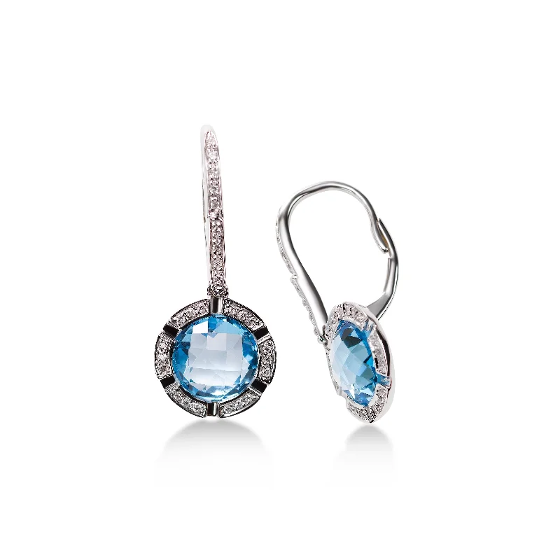 women's earrings crystal-studded hoops -Blue Topaz and Diamond Halo Drop Earrings, 14K White Gold