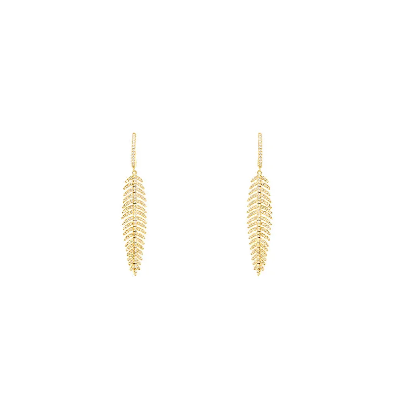 women's earrings luxury diamond cut -18 Karat Yellow Gold Feather earrings With 358 White Diamonds with Huggie closure