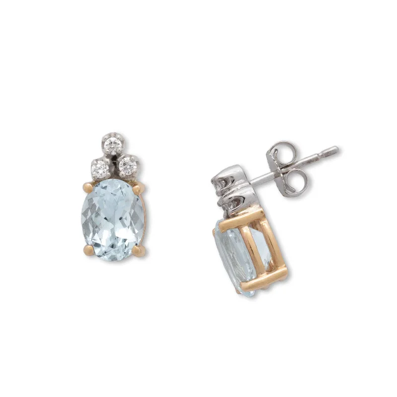 women's earrings stacking minimalist style -Aquamarine Oval Earrings with Diamond Tops, 14 Karat Gold