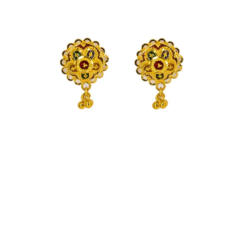 women's earrings tiny dainty studs -22K Yellow Gold Earrings W/ Enamel Paint & Shield Flower Design