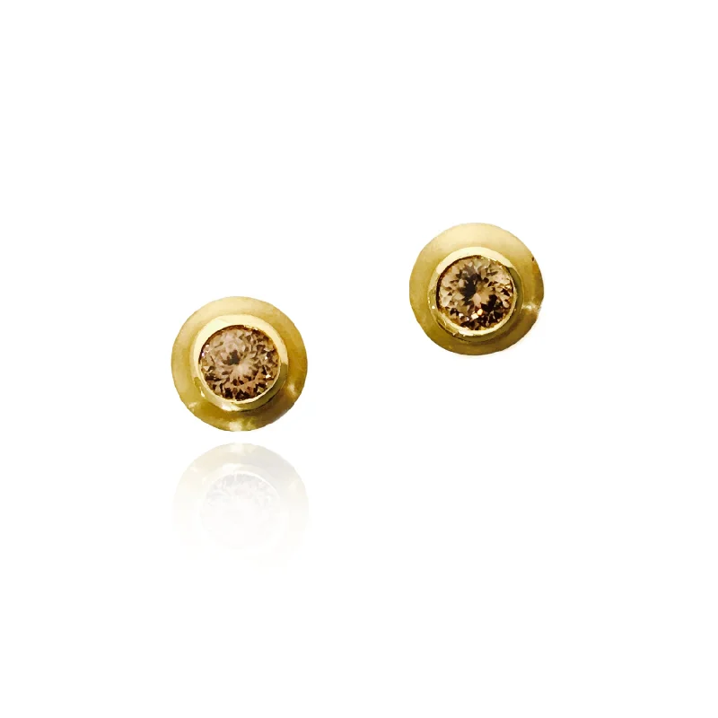 women's earrings elegant crown shape -Bezel Set Golden Colored Zircon Stud Earrings, 22K Yellow Gold