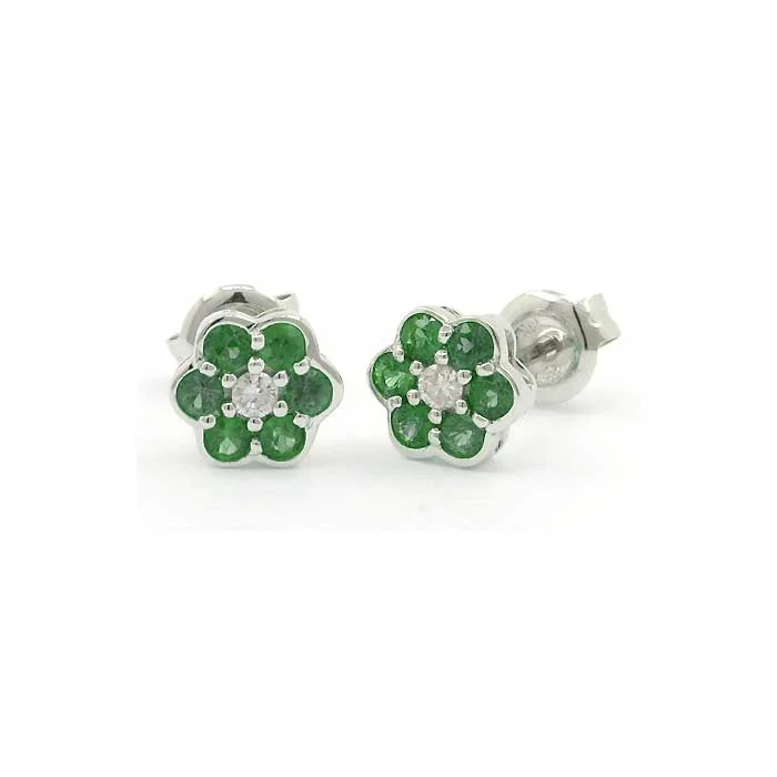 women's earrings unique ear crawler -Emerald and Diamond Flower Earrings, 14K White Gold