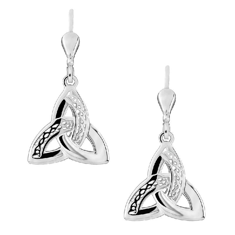 women's earrings floral engraving -Sterling Silver Celtic Trinity Knot Drop Earrings S-S33270