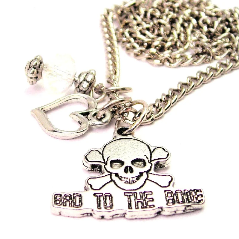 women's necklaces mixed metal design -Bad To The Bone Male Skull Necklace with Small Heart