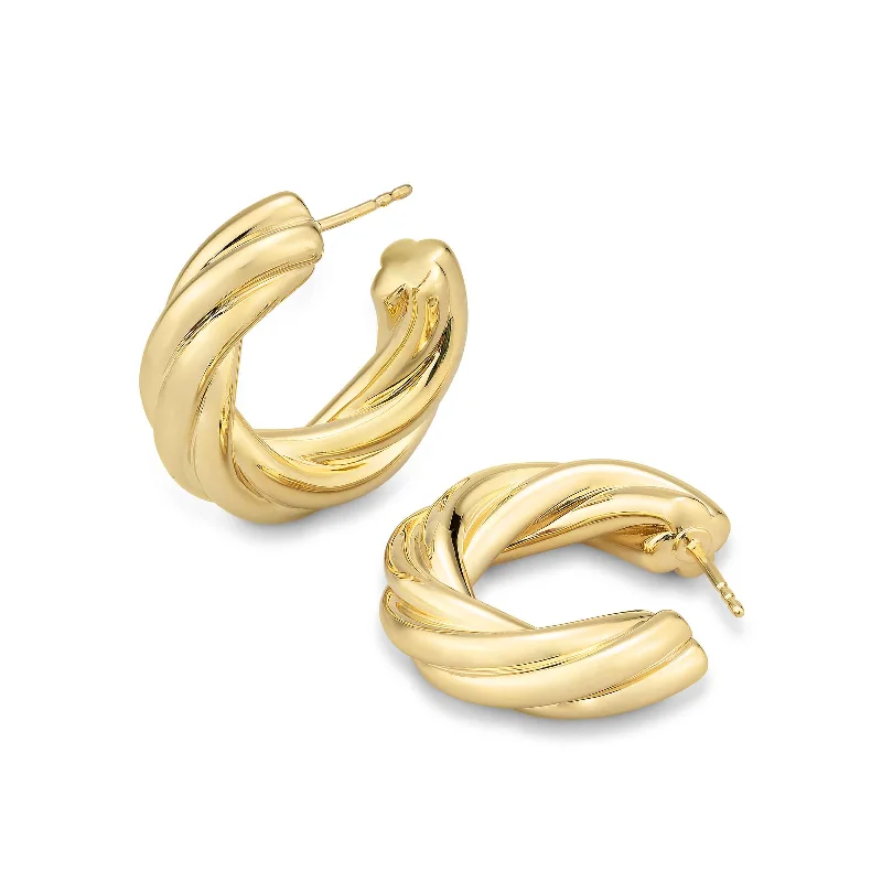 women's earrings bold statement -Twist Design Hoop Earrings, Yellow Gold Plated Silver