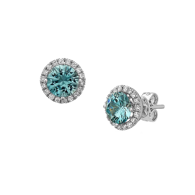 women's earrings chandelier style -Blue Zircon and Diamond Halo Earrings, 14K White Gold