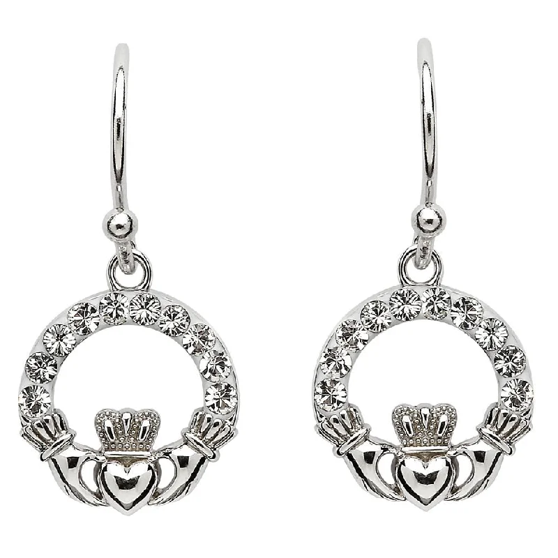 women's earrings statement piece -Sterling Silver Claddagh Earrings Adorned By Swarovski Crystals SW48