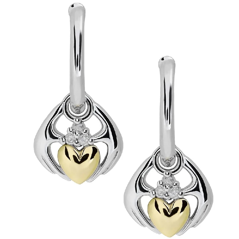 women's earrings hoop design -Sterling Silver and 14K Gold Mix - Diamond Claddagh Earrings UES-6171