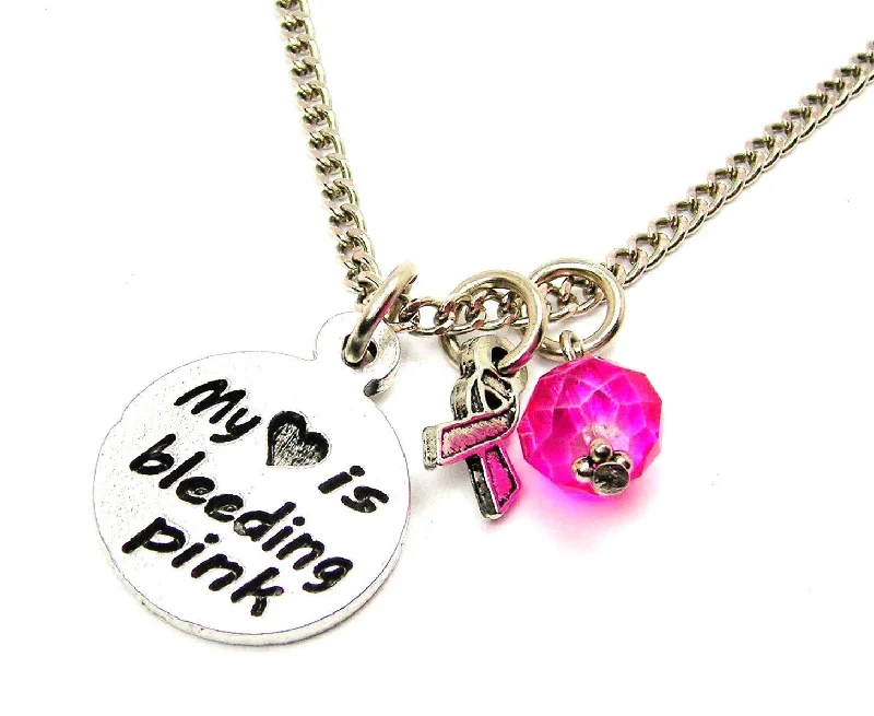 women's necklaces delicate chain -My Heart is Bleeding Pink with Awareness Ribbon Necklace