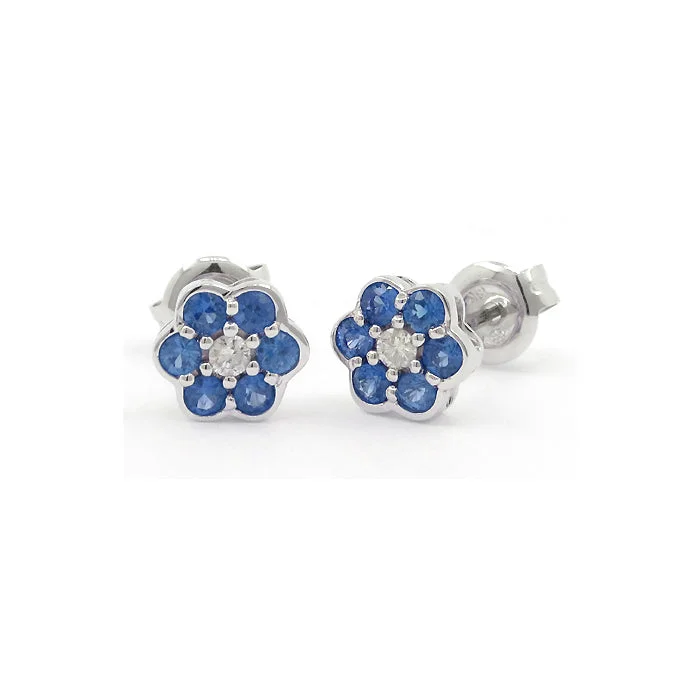 women's earrings minimalist bar drop -Sapphire and Diamond Flower Earrings, 14K White Gold