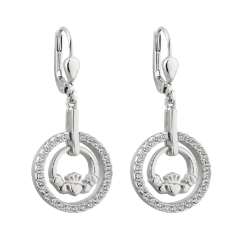 women's earrings minimalist style -Sterling Silver Claddagh Earrings with CZ Stones - S33903