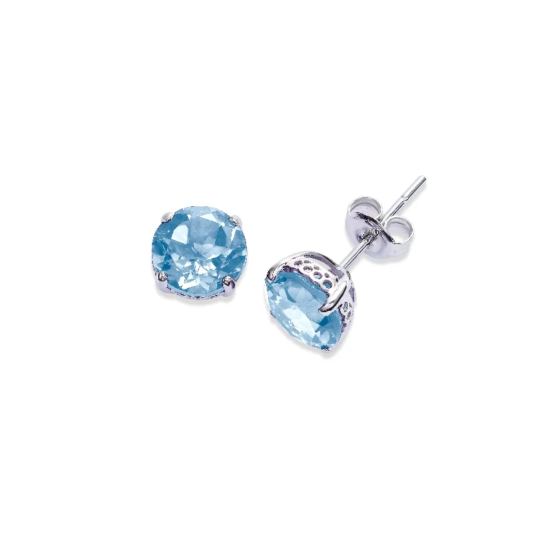 women's earrings gold -Round Blue Topaz Stud Earrings, 6 MM, 14K White Gold