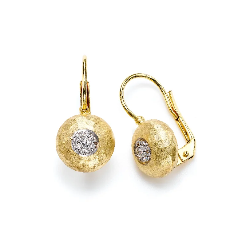 women's earrings trendy simple studs -Pavé Diamond Hammered Leverback Earrings, 14K Yellow Gold