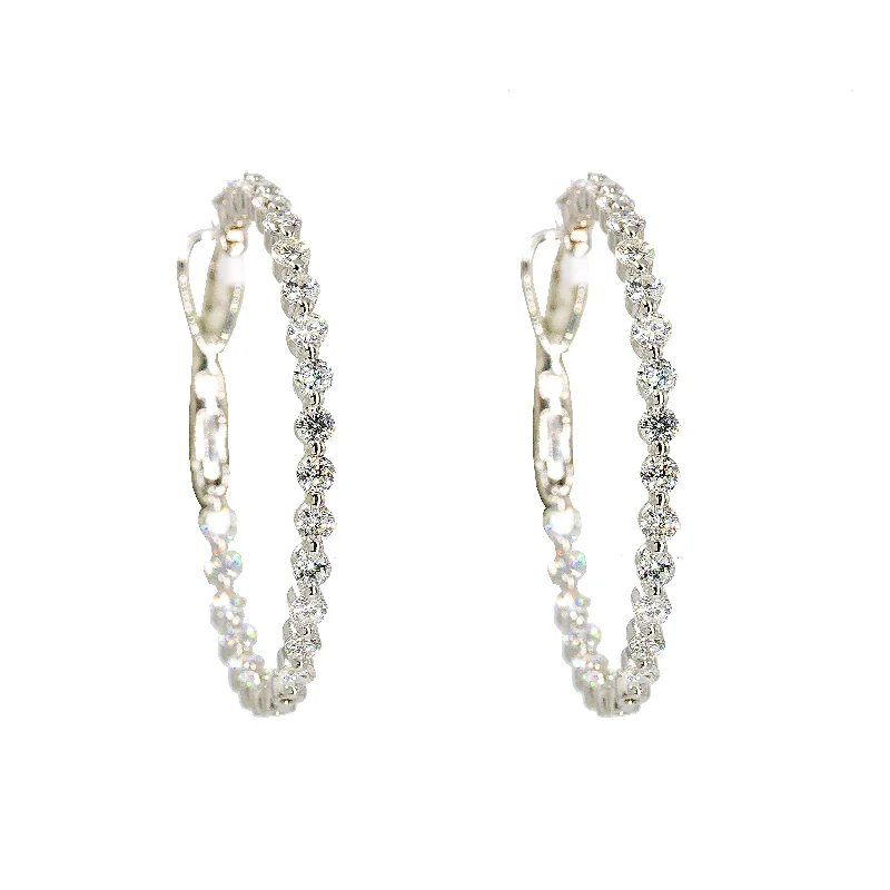 women's earrings premium quality -14K White Gold Diamond Hoops W/ 3.2ct Diamonds & Shared Prong Setting