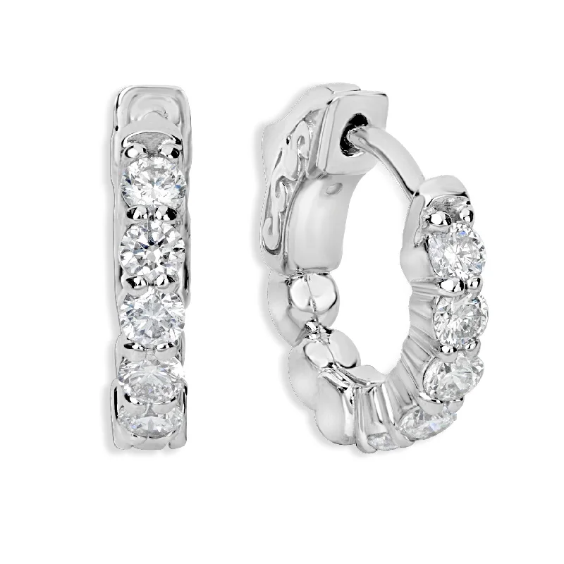 women's earrings engraved love design -14K White Gold Huggie Hoop Earrings with 1ct of Diamonds