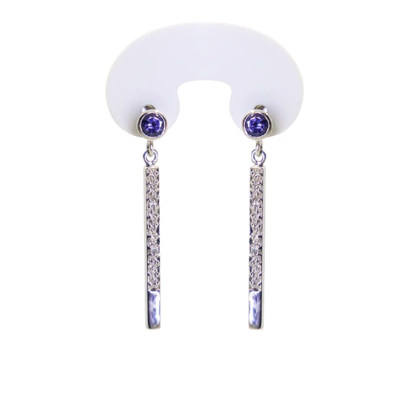 women's earrings crystal accent -9kt White Gold Round Tanzanite and Diamond Drop Earrings