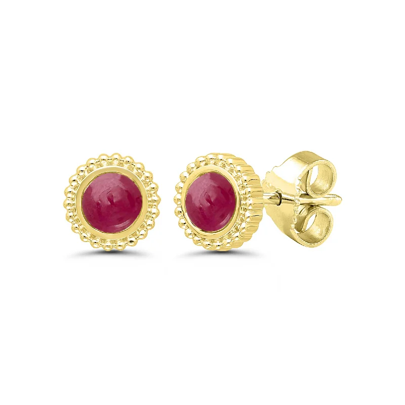 women's earrings engraved love design -Framed Round Ruby Stud Earrings, 14K Yellow Gold