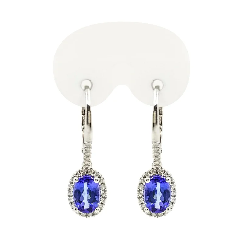 women's earrings high-end fashion -9 kt White Gold Diamond and Oval Tanzanite Drop Earrings.