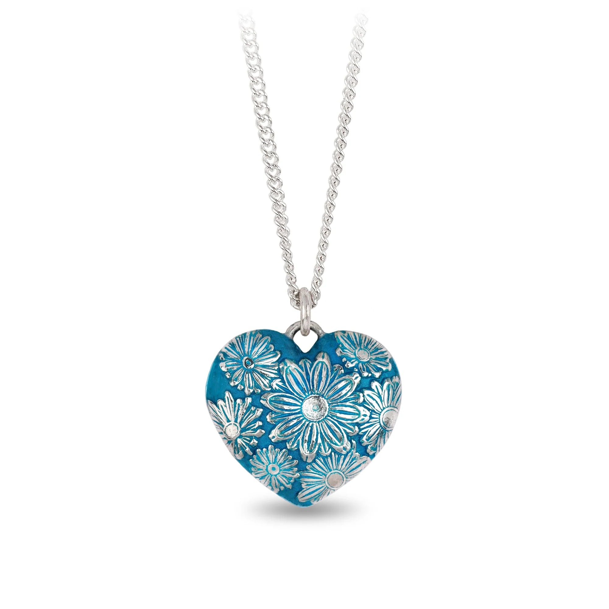 women's necklaces gemstone charm -Pyrrha Sterling Silver Large Puffed Heart Daisy Talisman in Capri Blue 18 Inch Medium Curb Chain Necklace