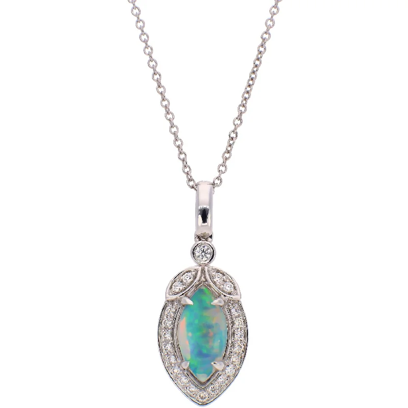 women's necklaces sapphire crystal -14K White Gold Opal Cabochon and Diamond Necklace