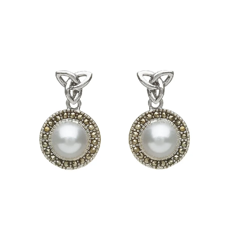 women's earrings hoop design -Sterling Silver Marcasite Trinity Fresh Water Pearl Earrings - ANU2081