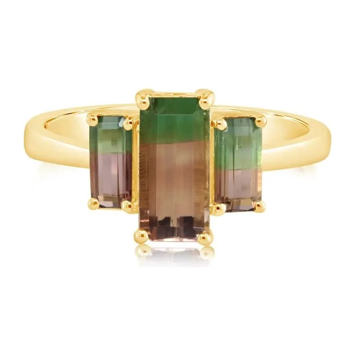 women's ring zodiac birthstone -14K Gold Watermelon Tourmaline Three-Stone Ring