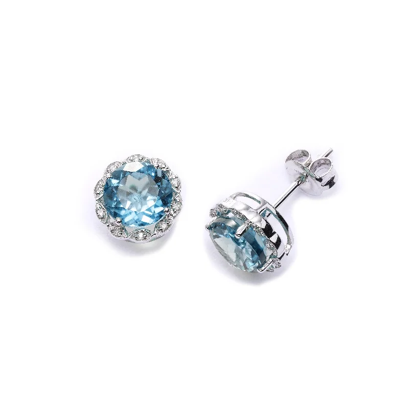 women's earrings unique ear crawler -Round Faceted Blue Topaz and Diamond Earrings, 14K White Gold