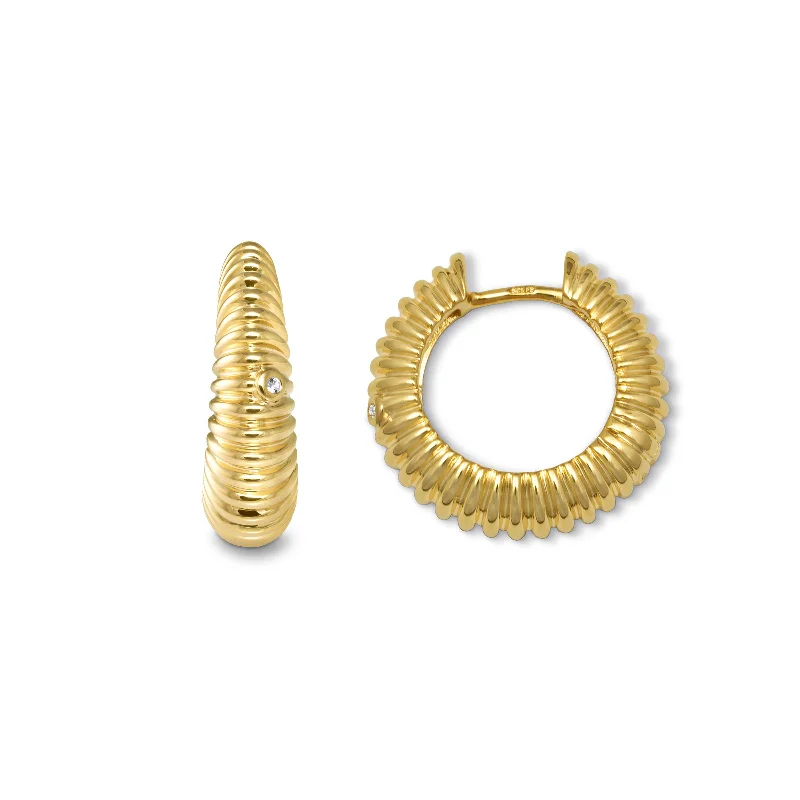 women's earrings handcrafted design -Ribbed Hoop Earrings, Yellow Gold Plated Silver