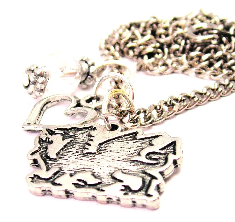 women's necklaces platinum -Welsh Dragon Necklace with Small Heart