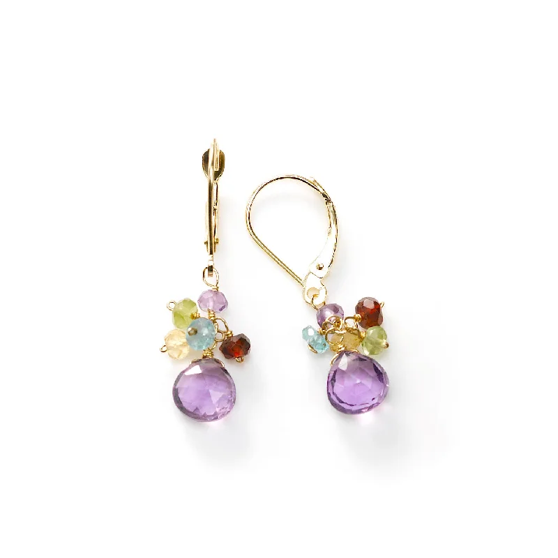 women's earrings unique ear crawler -Amethyst and Multi Gemstone Dangle Earrings, 14K Yellow Gold