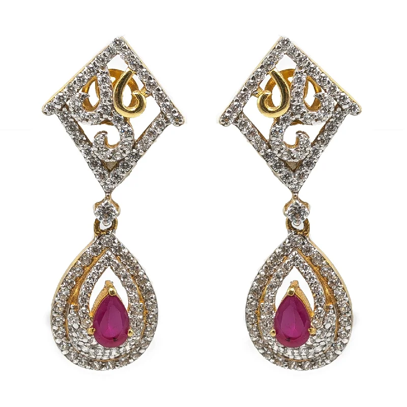 women's earrings moon and sun -22K Yellow Gold Drop Earrings W/ Rubies, CZ Gems & Faceted Pear Pendant