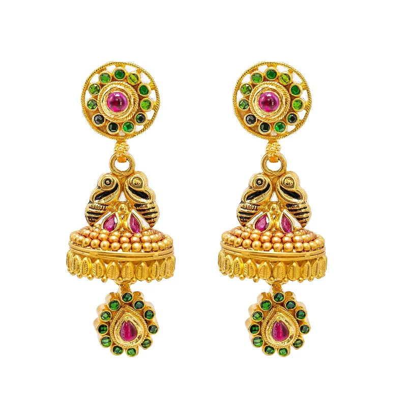 women's earrings drop style -22K Yellow Gold Jumkhi Drop Earrings W/ Rubies, Emeralds & Hand Painted Details