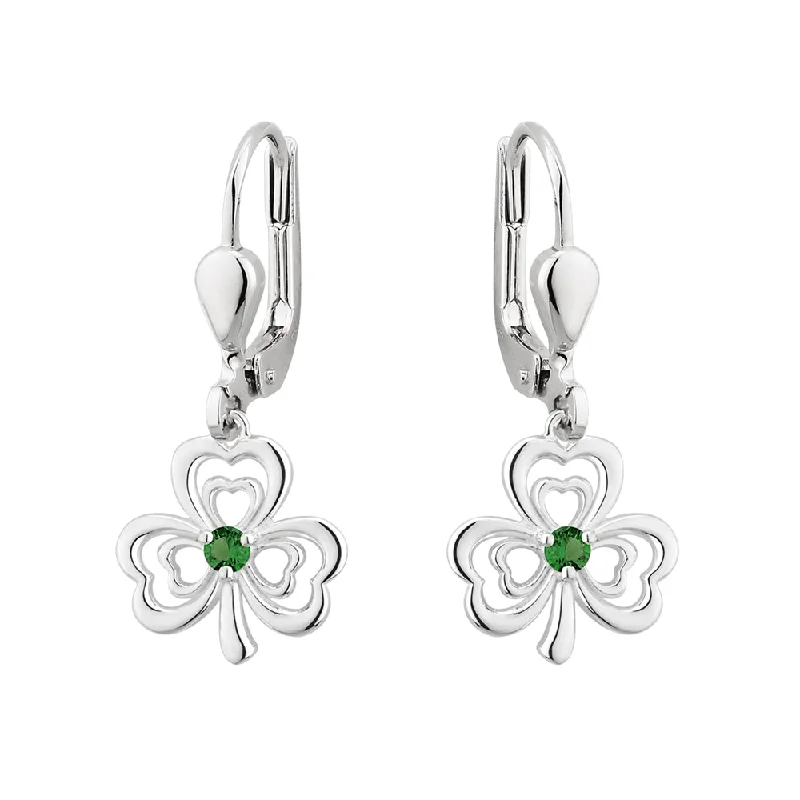 women's earrings delicate twisted design -Sterling Silver Shamrock Earrings with Green CZ Stones - S33913