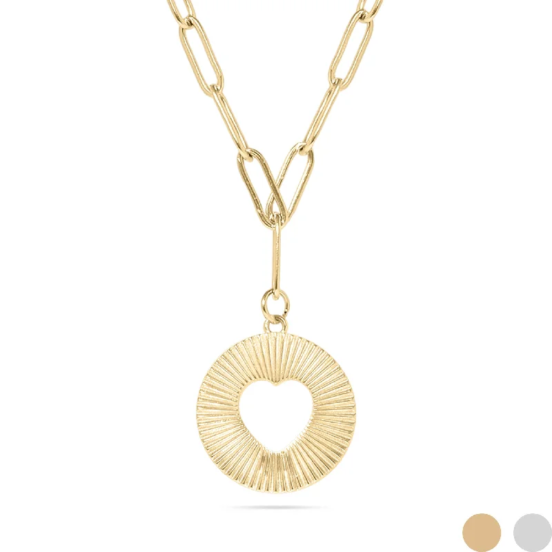 women's necklaces perfect layering set -18K Gold PVD Stainless Steel Sunburst Heart Paperclip Pendant Necklace / CHN9969