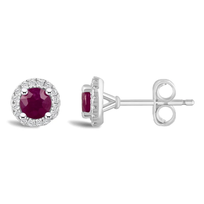 women's earrings special occasion -Round Ruby and Diamond Halo July Birthstone Earrings in Sterling Silver