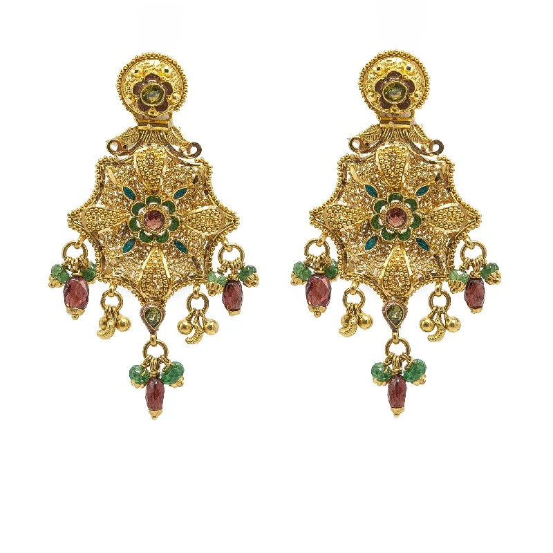 women's earrings Christmas gift -22K Yellow Gold Drop Earrings W/ Ruby, Emerald Gems & Spring Flower Pendant