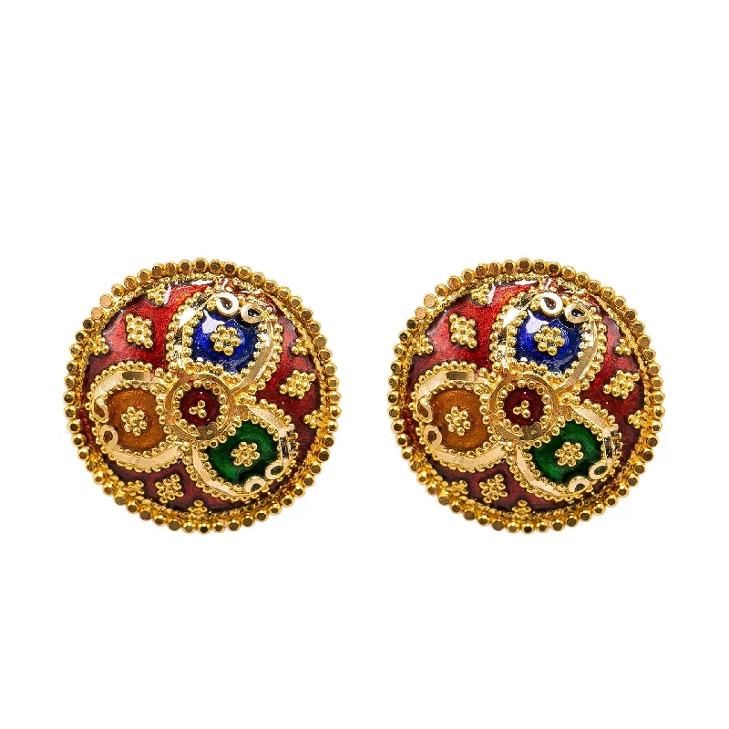 women's earrings trendy simple studs -22K Yellow Gold Stud Earrings W/ Hand Painted Finish & Large Three Petal Flower Design