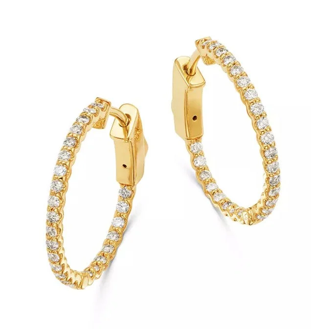 women's earrings high-polish finish -14K Yellow Gold 1/2ct Inside-Out Diamond Hoop Earrings