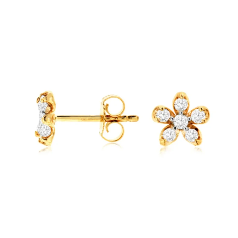 women's earrings anniversary gift -14 Karat Yellow Gold 1/4 Carat Diamond Flower Earrings