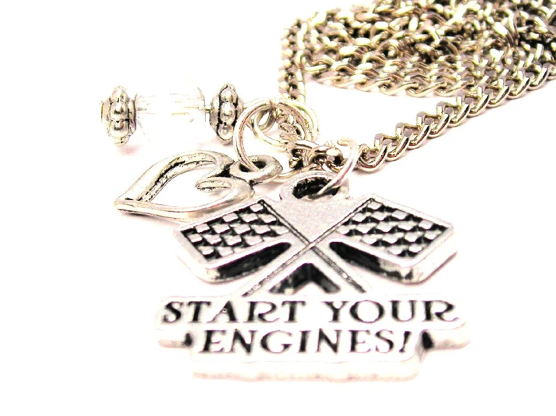 women's necklaces modern style -Start Your Engines With Crossed Race Flags Necklace with Small Heart