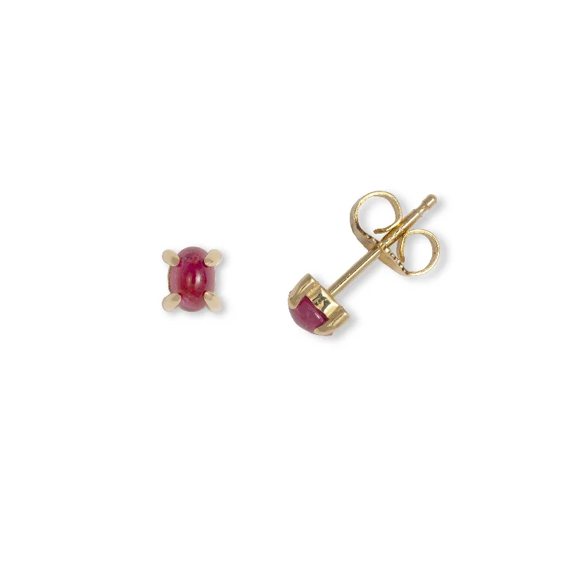 women's earrings waterproof jewelry -Oval Cabochon Ruby Stud Earrings, 14K Yellow Gold