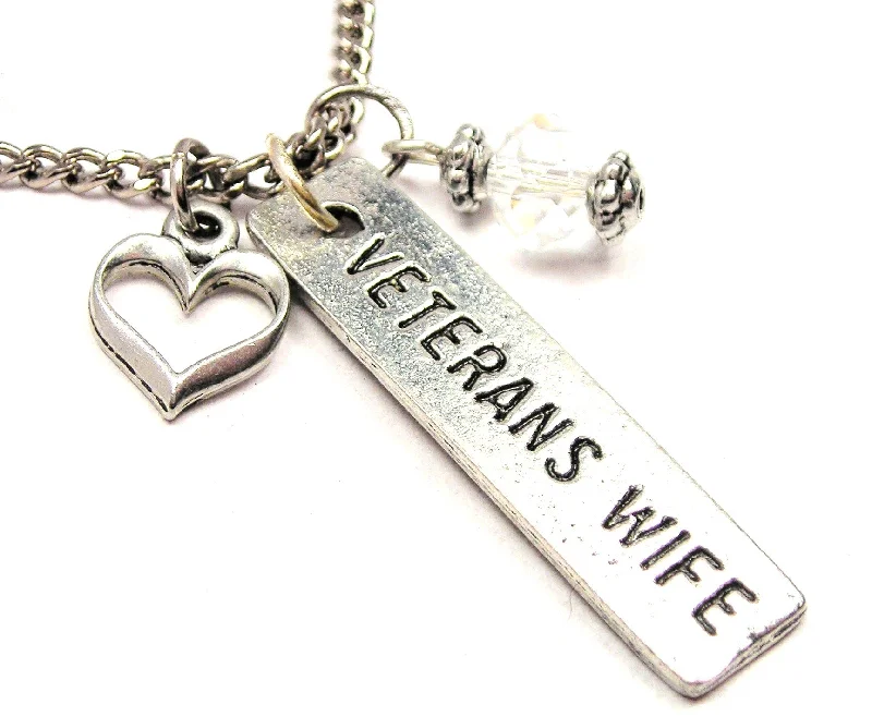 women's necklaces floral engraving -Veterans Wife Tab Necklace with Small Heart